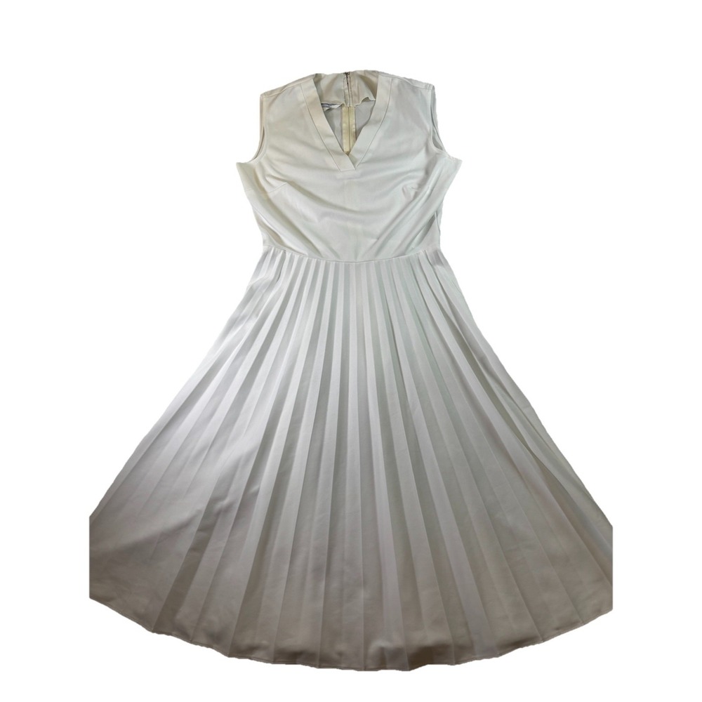 Sleeveless Pleated Midi Dress Sz 12 Ivory V Neck Classic Capsule Minimalist Vtg